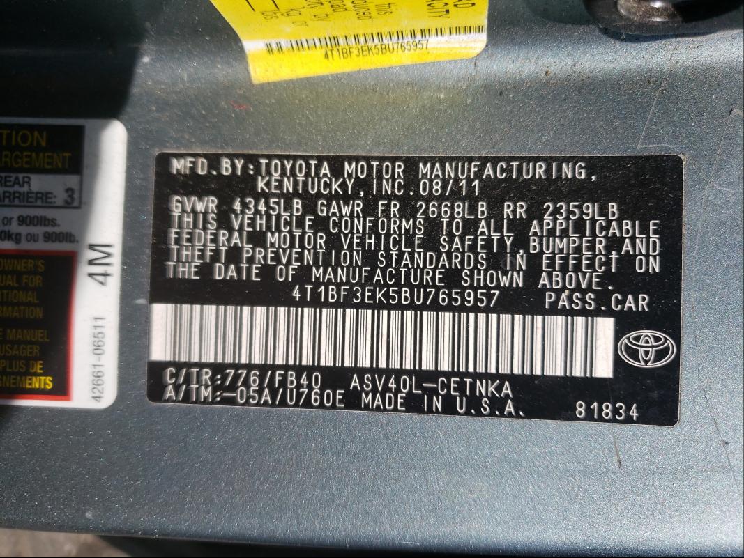 Photo 9 VIN: 4T1BF3EK5BU765957 - TOYOTA CAMRY BASE 