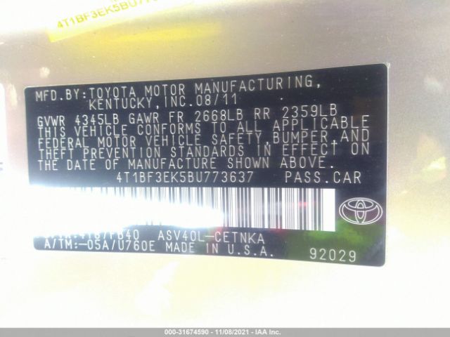 Photo 8 VIN: 4T1BF3EK5BU773637 - TOYOTA CAMRY 