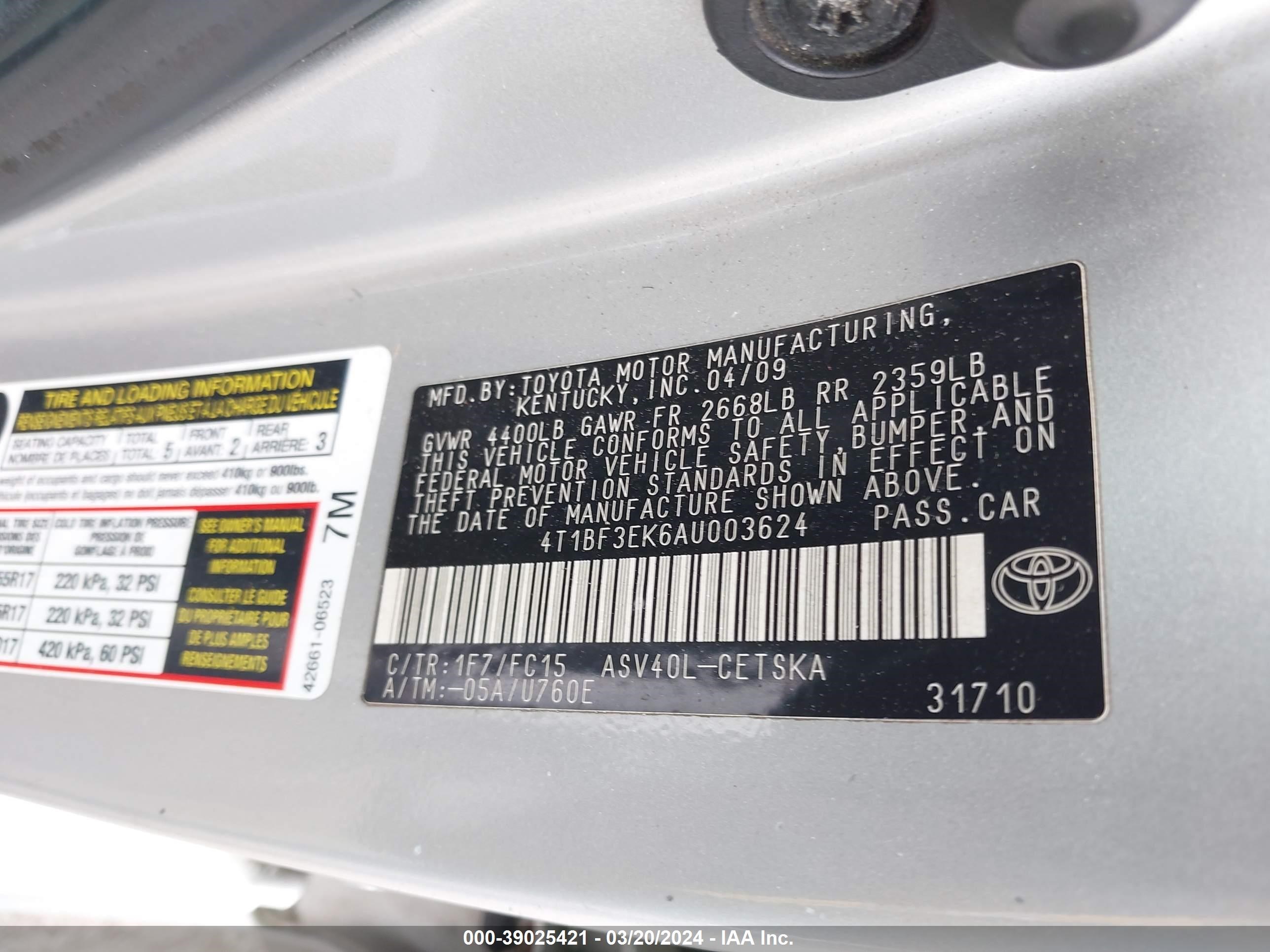 Photo 8 VIN: 4T1BF3EK6AU003624 - TOYOTA CAMRY 