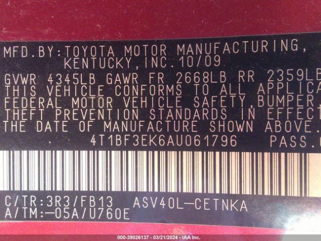 Photo 8 VIN: 4T1BF3EK6AU061796 - TOYOTA CAMRY 