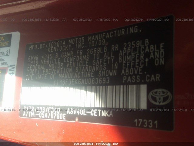 Photo 8 VIN: 4T1BF3EK6AU063693 - TOYOTA CAMRY 