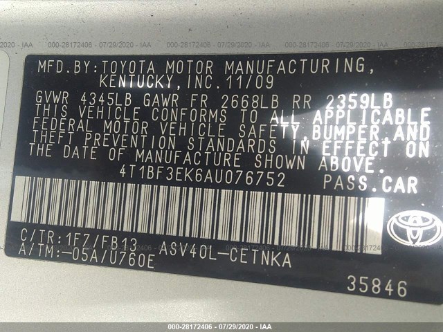 Photo 8 VIN: 4T1BF3EK6AU076752 - TOYOTA CAMRY 