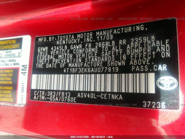 Photo 8 VIN: 4T1BF3EK6AU077819 - TOYOTA CAMRY 