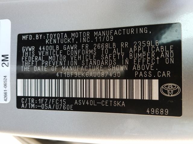 Photo 9 VIN: 4T1BF3EK6AU087430 - TOYOTA CAMRY BASE 