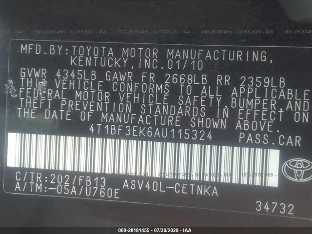 Photo 8 VIN: 4T1BF3EK6AU115324 - TOYOTA CAMRY 