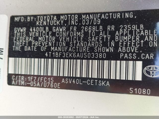 Photo 8 VIN: 4T1BF3EK6AU503380 - TOYOTA CAMRY 