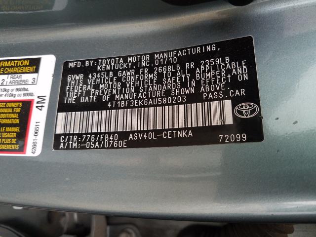 Photo 9 VIN: 4T1BF3EK6AU580203 - TOYOTA CAMRY BASE 