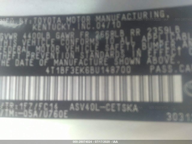 Photo 8 VIN: 4T1BF3EK6BU148700 - TOYOTA CAMRY 