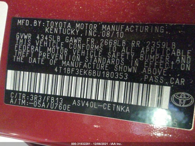 Photo 8 VIN: 4T1BF3EK6BU180353 - TOYOTA CAMRY 