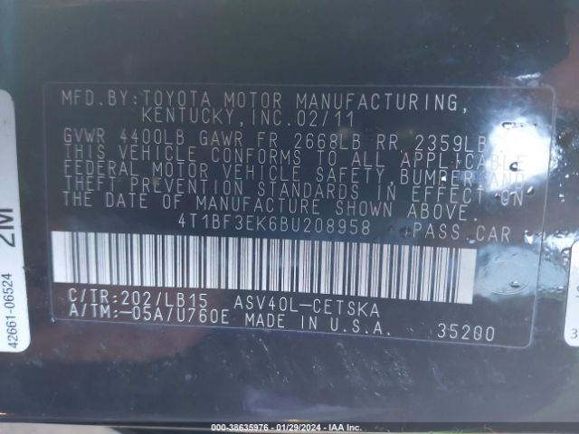 Photo 8 VIN: 4T1BF3EK6BU208958 - TOYOTA CAMRY 