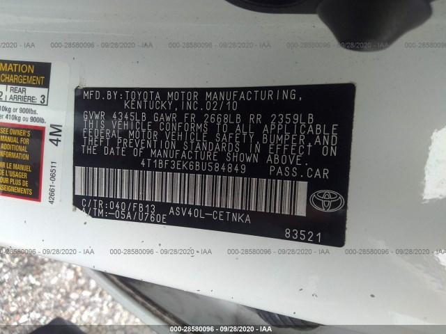 Photo 8 VIN: 4T1BF3EK6BU584849 - TOYOTA CAMRY 