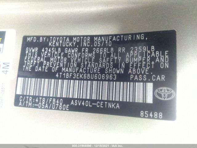 Photo 8 VIN: 4T1BF3EK6BU606963 - TOYOTA CAMRY 