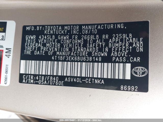 Photo 8 VIN: 4T1BF3EK6BU638148 - TOYOTA CAMRY 