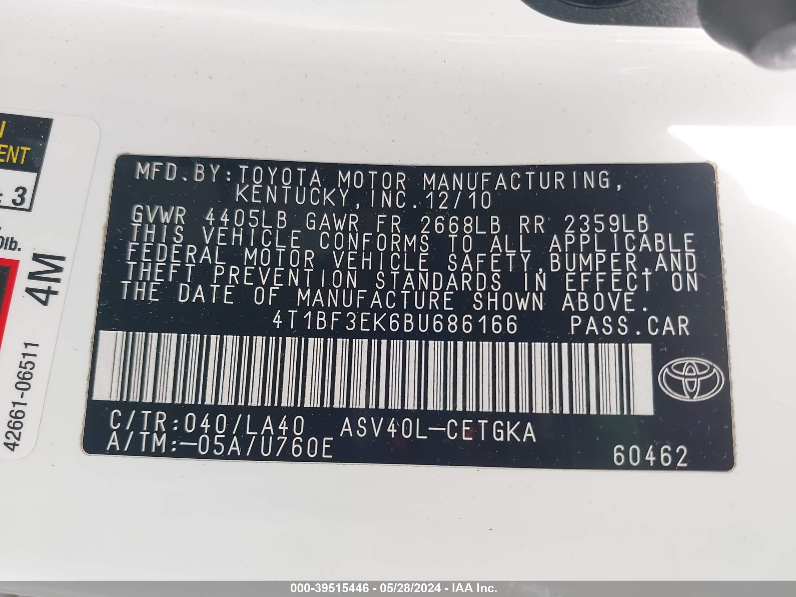 Photo 8 VIN: 4T1BF3EK6BU686166 - TOYOTA CAMRY 