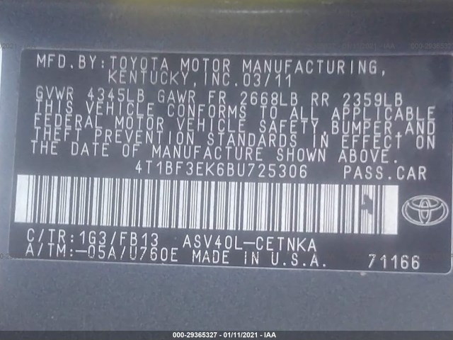 Photo 8 VIN: 4T1BF3EK6BU725306 - TOYOTA CAMRY 