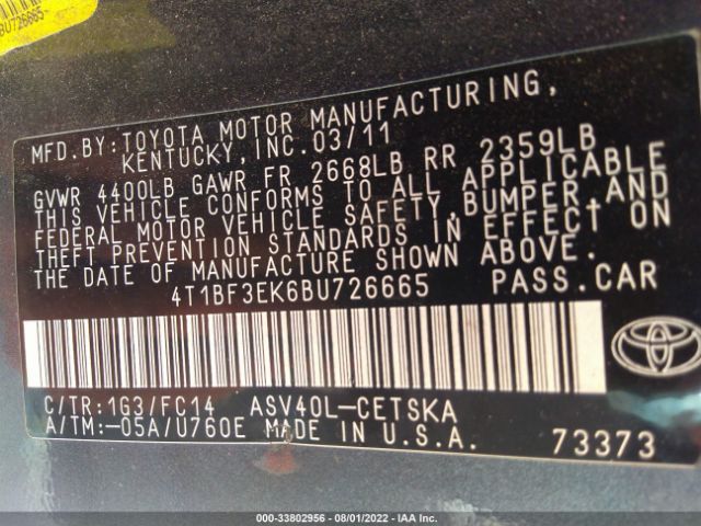 Photo 8 VIN: 4T1BF3EK6BU726665 - TOYOTA CAMRY 