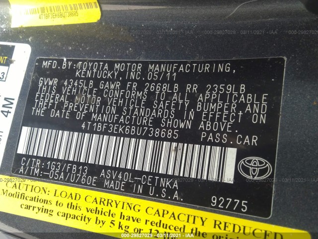 Photo 8 VIN: 4T1BF3EK6BU738685 - TOYOTA CAMRY 