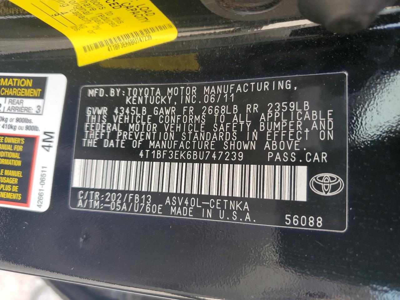 Photo 11 VIN: 4T1BF3EK6BU747239 - TOYOTA CAMRY 