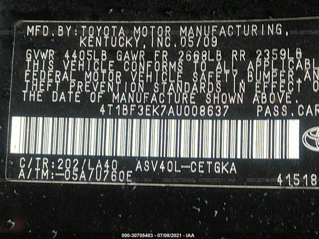 Photo 8 VIN: 4T1BF3EK7AU008637 - TOYOTA CAMRY 