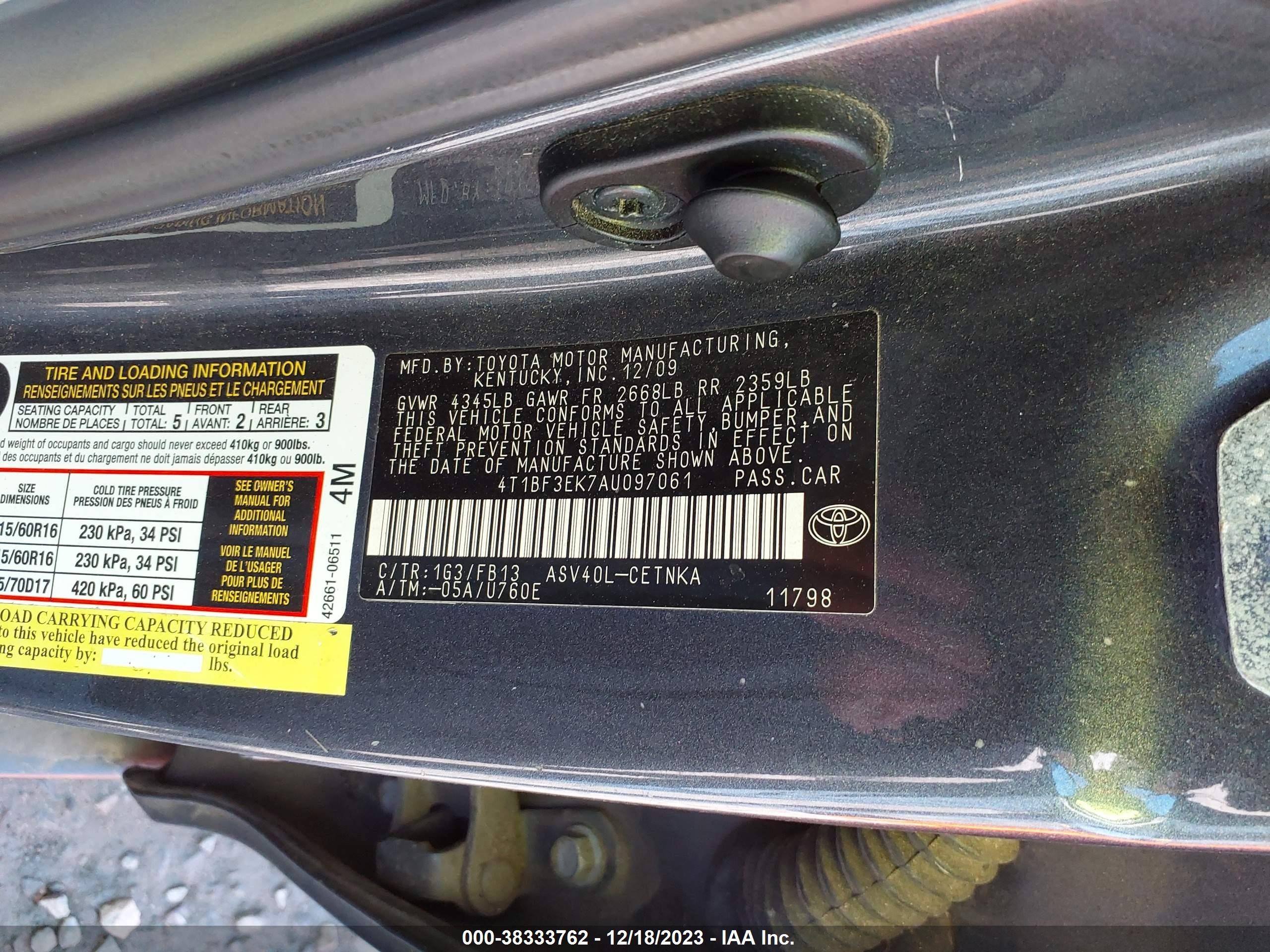 Photo 8 VIN: 4T1BF3EK7AU097061 - TOYOTA CAMRY 