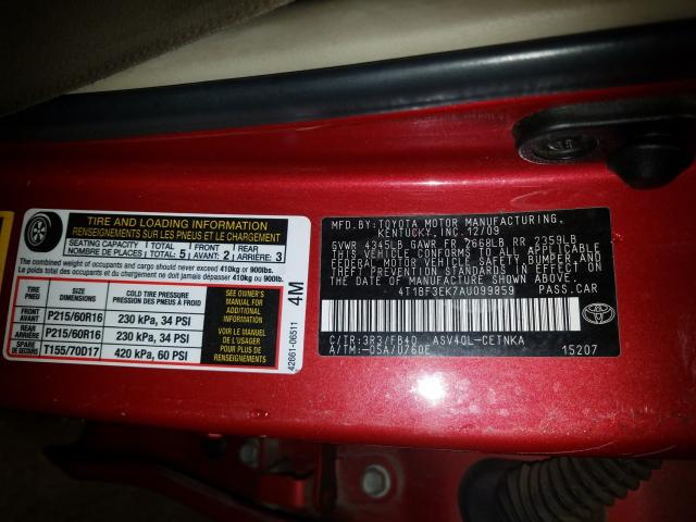 Photo 9 VIN: 4T1BF3EK7AU099859 - TOYOTA CAMRY BASE 