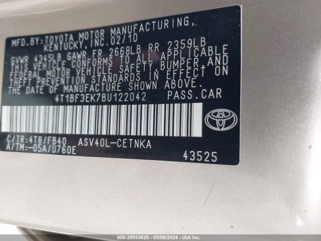 Photo 8 VIN: 4T1BF3EK7BU122042 - TOYOTA CAMRY 