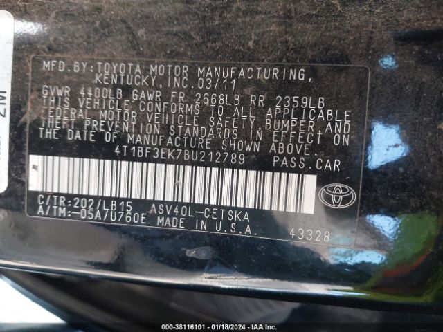 Photo 8 VIN: 4T1BF3EK7BU212789 - TOYOTA CAMRY 