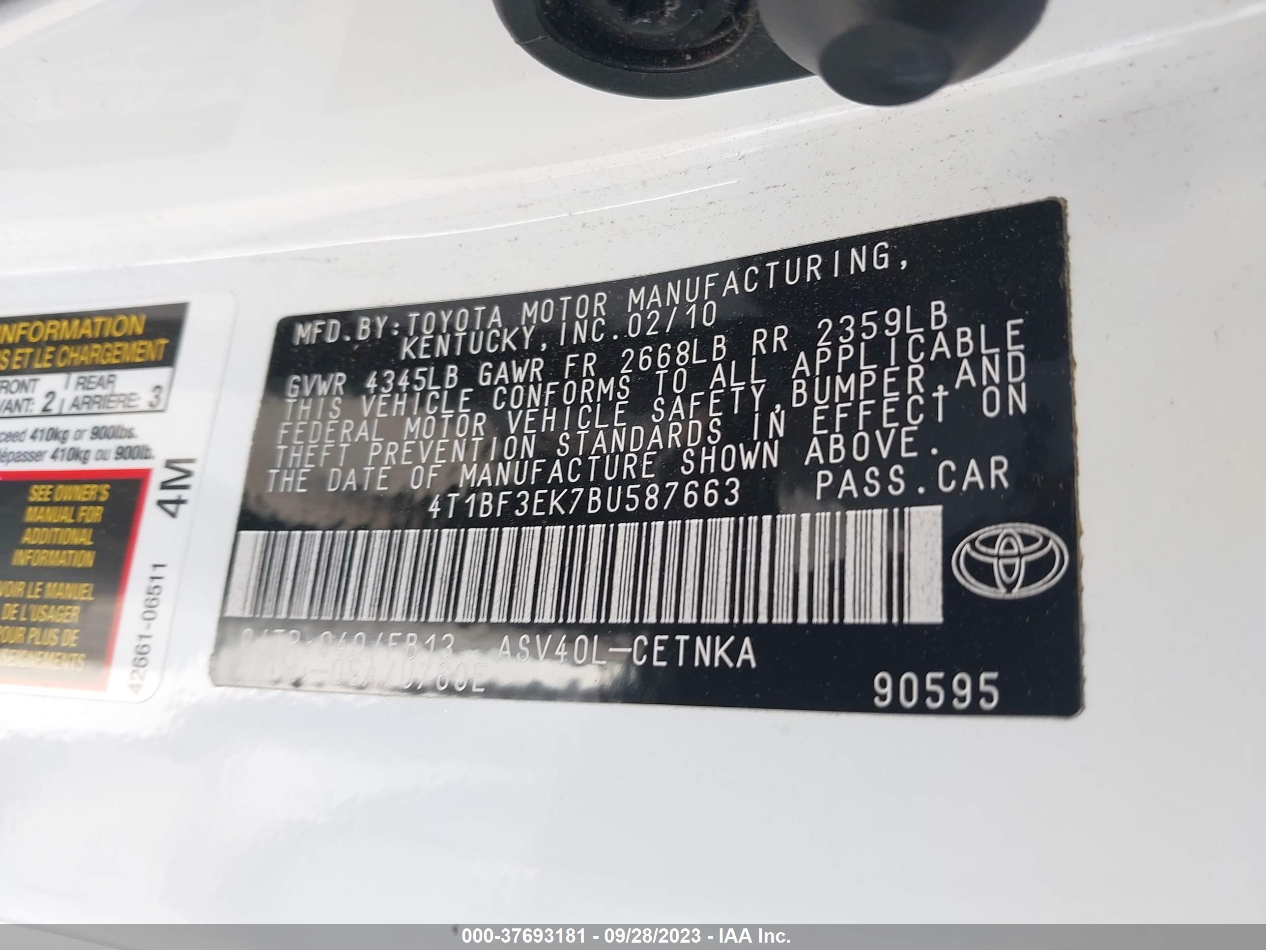 Photo 8 VIN: 4T1BF3EK7BU587663 - TOYOTA CAMRY 