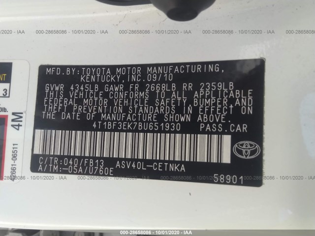 Photo 8 VIN: 4T1BF3EK7BU651930 - TOYOTA CAMRY 