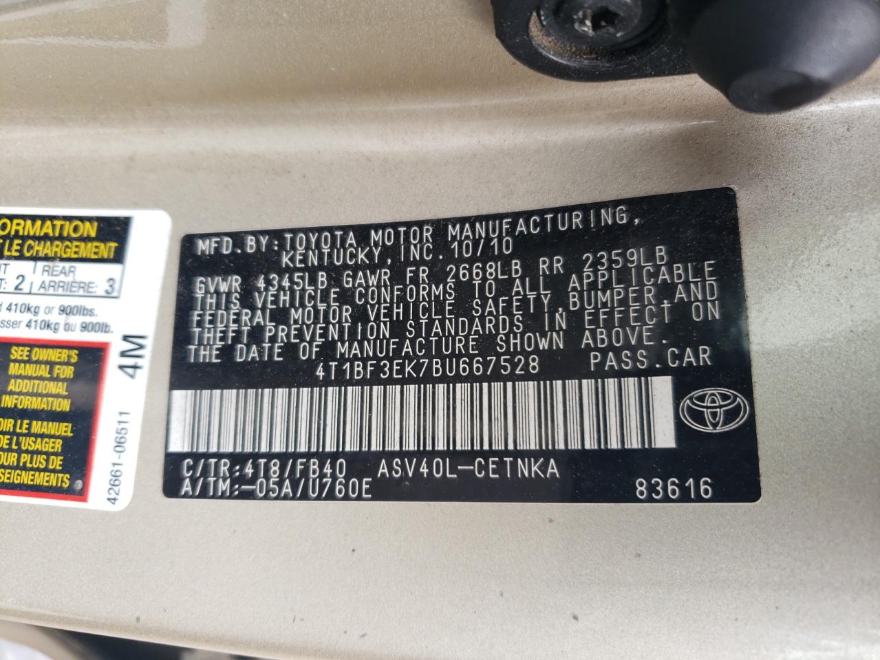 Photo 11 VIN: 4T1BF3EK7BU667528 - TOYOTA CAMRY 