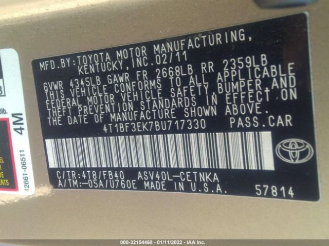 Photo 8 VIN: 4T1BF3EK7BU717330 - TOYOTA CAMRY 