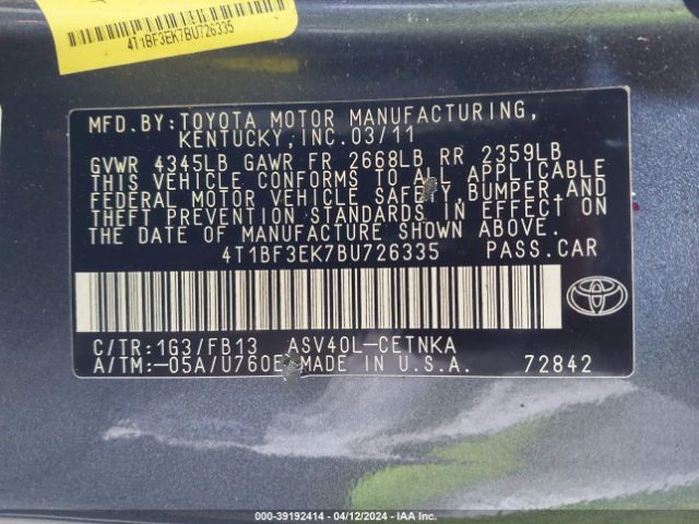 Photo 8 VIN: 4T1BF3EK7BU726335 - TOYOTA CAMRY 