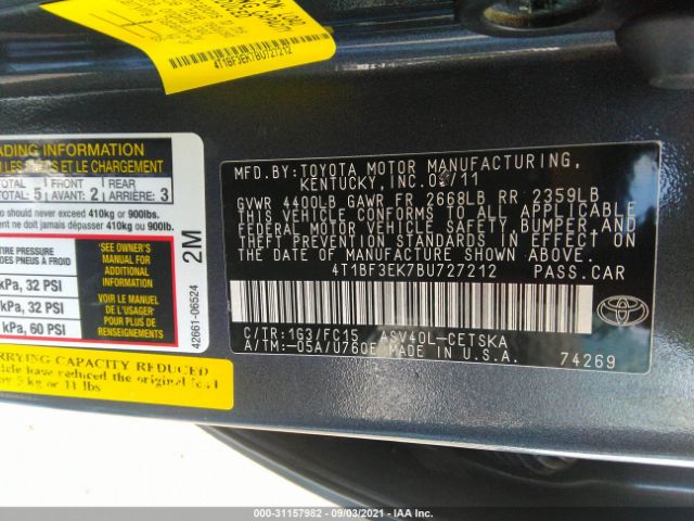 Photo 8 VIN: 4T1BF3EK7BU727212 - TOYOTA CAMRY 