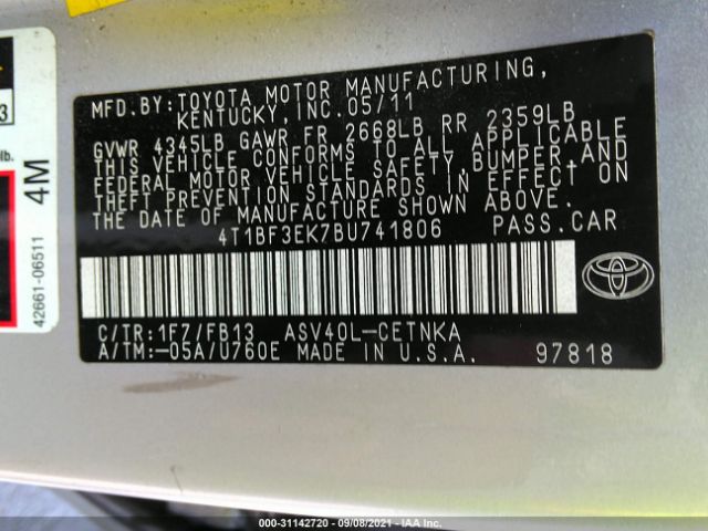 Photo 8 VIN: 4T1BF3EK7BU741806 - TOYOTA CAMRY 