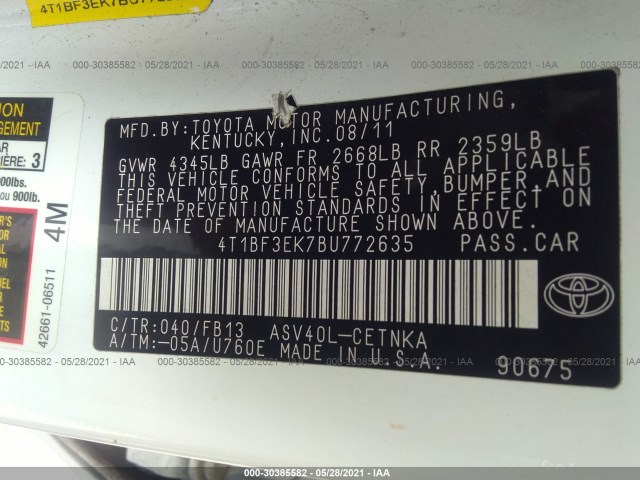 Photo 8 VIN: 4T1BF3EK7BU772635 - TOYOTA CAMRY 