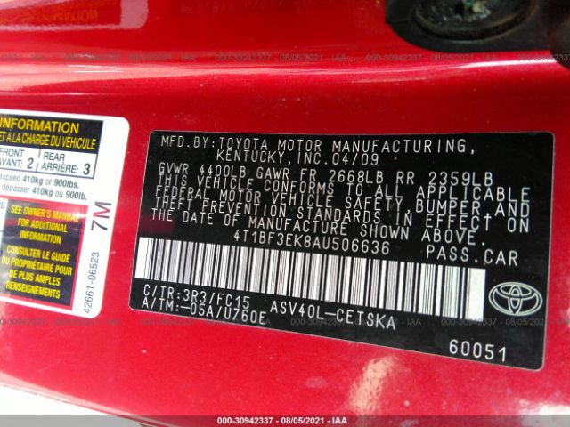 Photo 8 VIN: 4T1BF3EK8AU506636 - TOYOTA CAMRY 