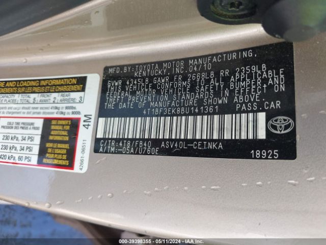 Photo 8 VIN: 4T1BF3EK8BU141361 - TOYOTA CAMRY 