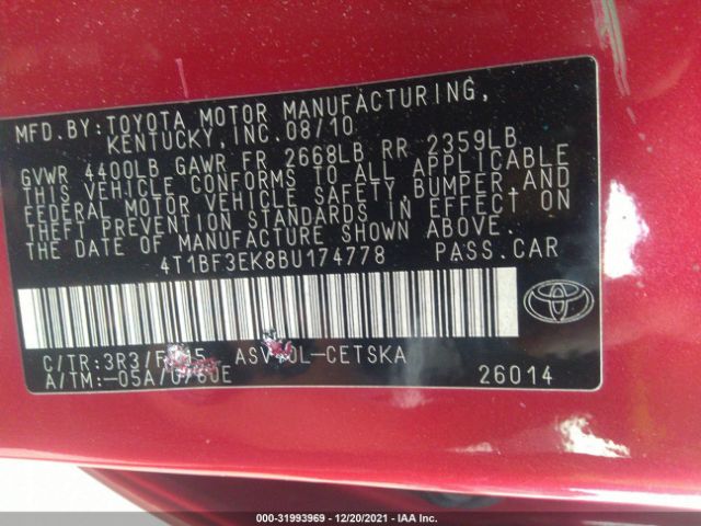 Photo 8 VIN: 4T1BF3EK8BU174778 - TOYOTA CAMRY 