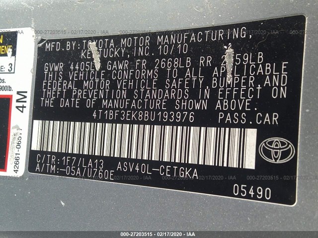 Photo 8 VIN: 4T1BF3EK8BU193976 - TOYOTA CAMRY 