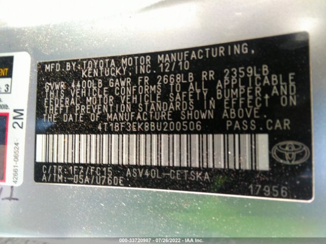 Photo 8 VIN: 4T1BF3EK8BU200506 - TOYOTA CAMRY 