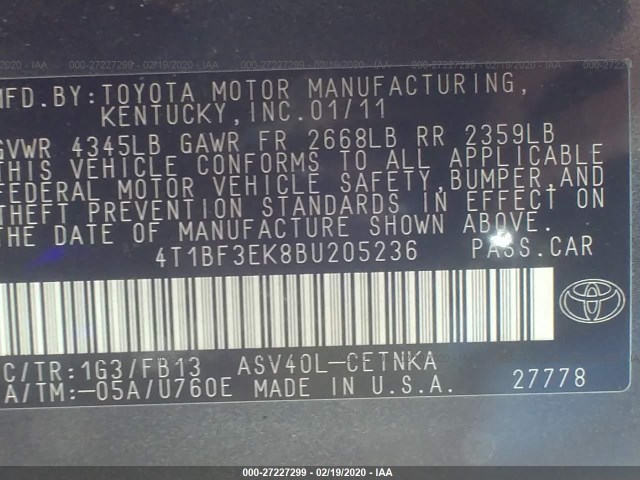 Photo 8 VIN: 4T1BF3EK8BU205236 - TOYOTA CAMRY 