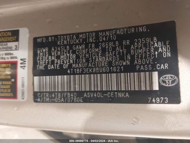 Photo 8 VIN: 4T1BF3EK8BU601621 - TOYOTA CAMRY 