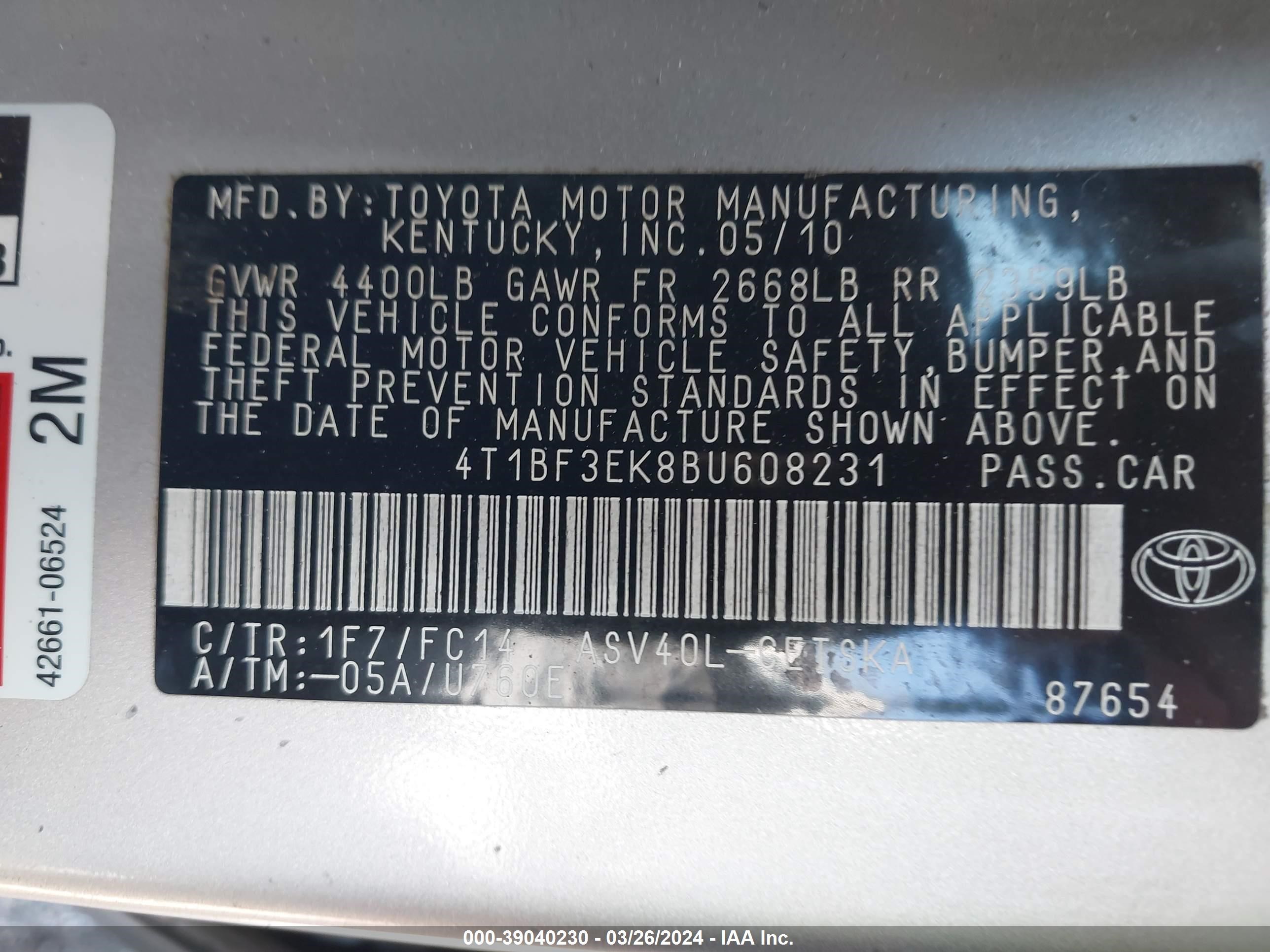 Photo 8 VIN: 4T1BF3EK8BU608231 - TOYOTA CAMRY 