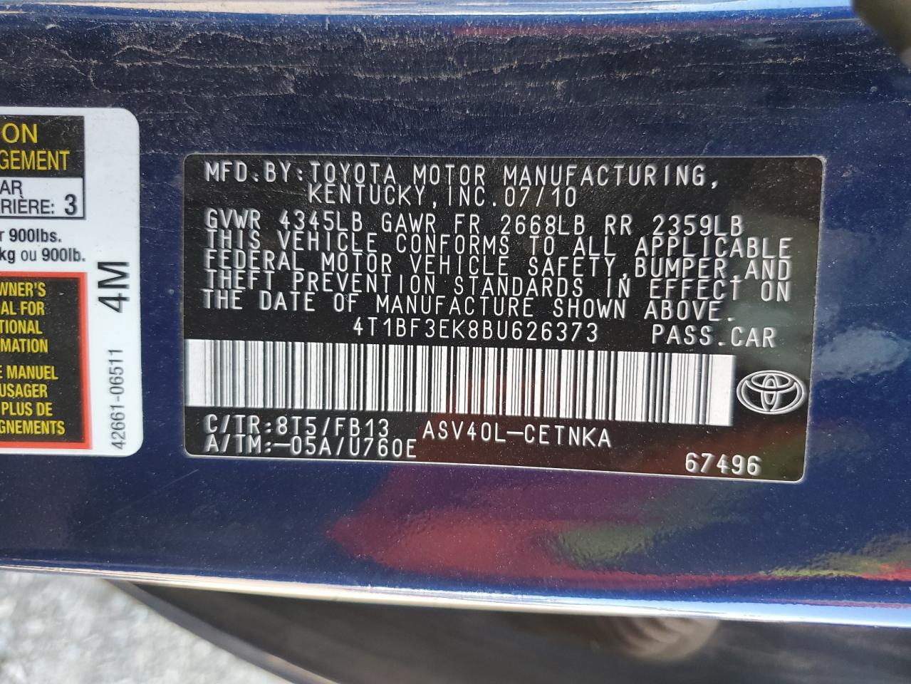 Photo 11 VIN: 4T1BF3EK8BU626373 - TOYOTA CAMRY 