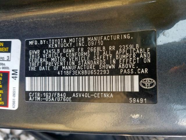 Photo 9 VIN: 4T1BF3EK8BU652293 - TOYOTA CAMRY BASE 