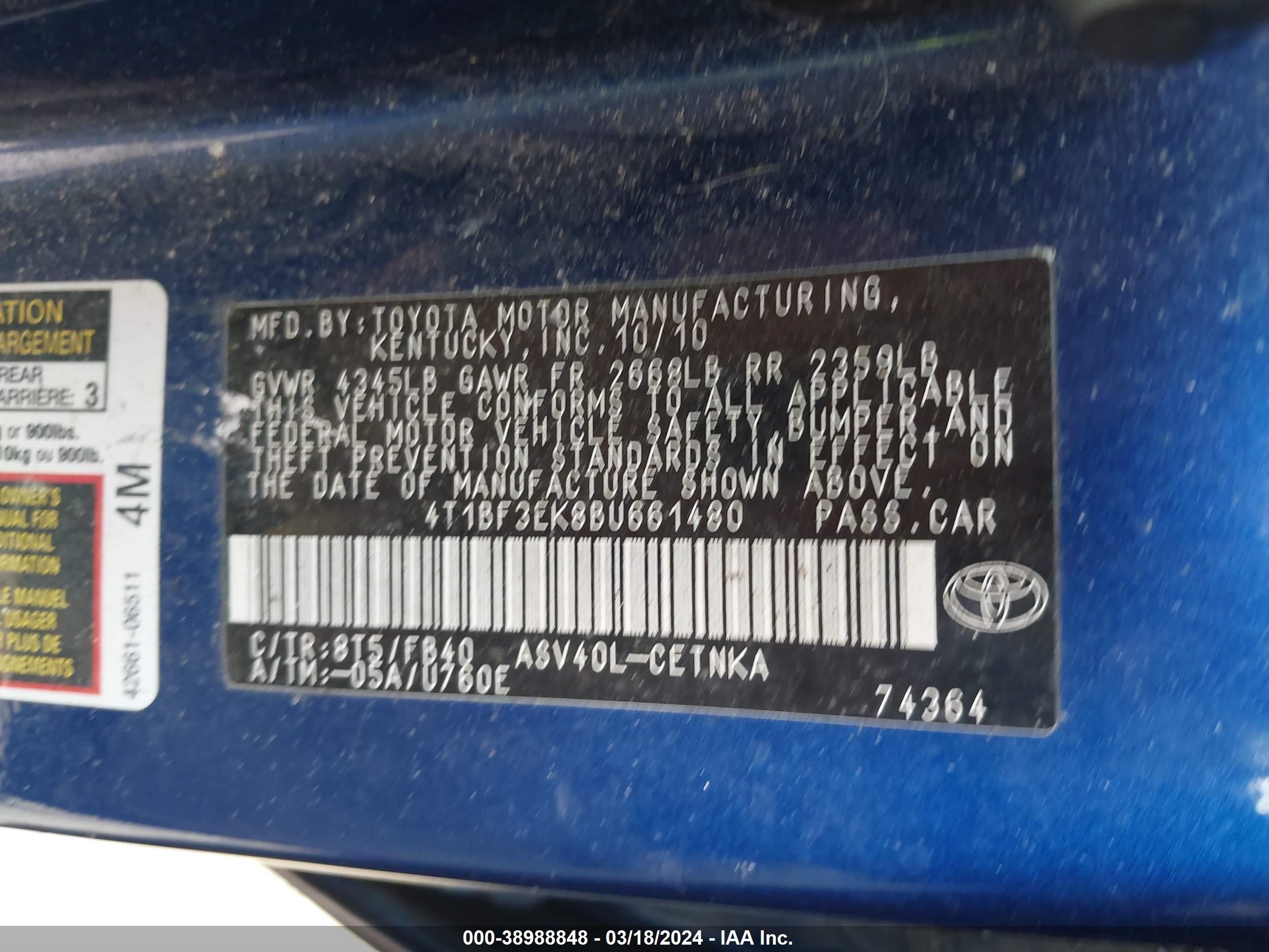 Photo 8 VIN: 4T1BF3EK8BU661480 - TOYOTA CAMRY 