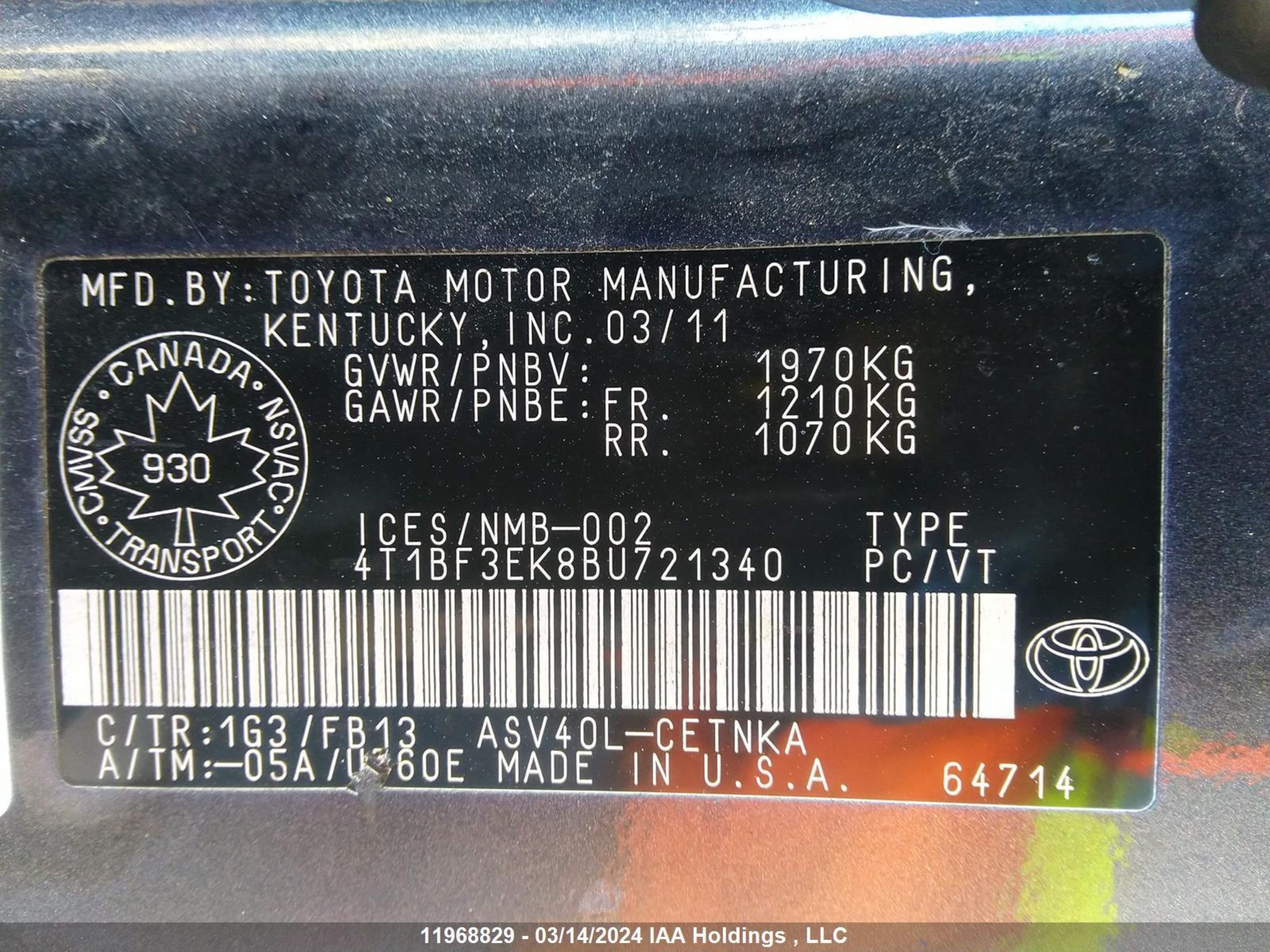 Photo 8 VIN: 4T1BF3EK8BU721340 - TOYOTA CAMRY 