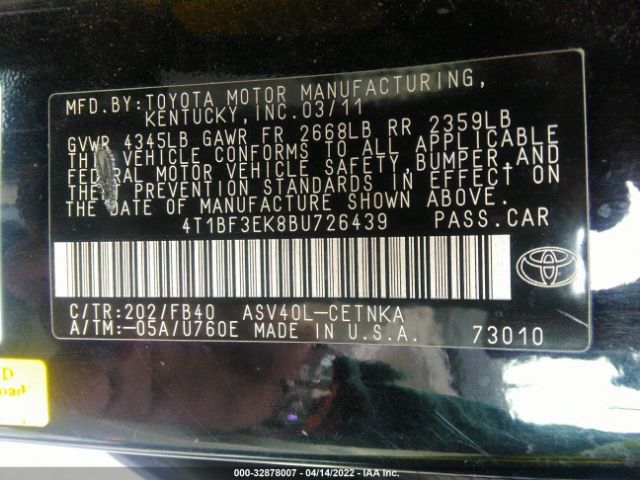 Photo 8 VIN: 4T1BF3EK8BU726439 - TOYOTA CAMRY 