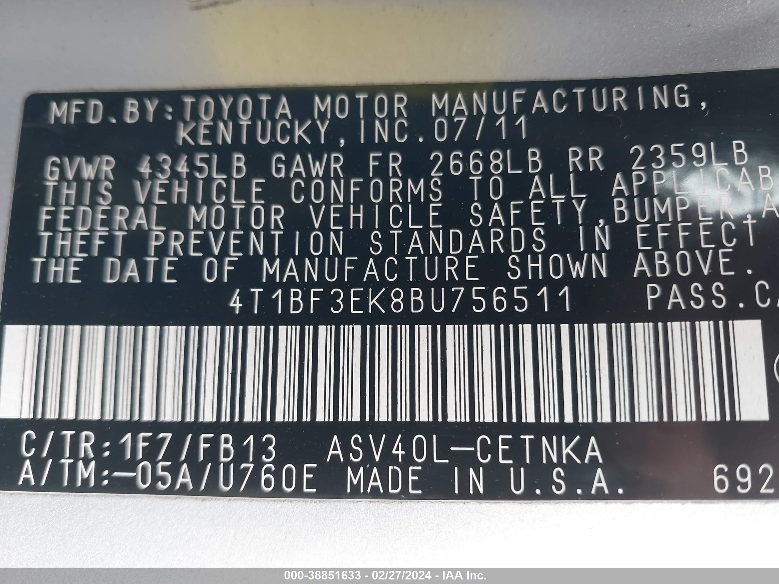 Photo 7 VIN: 4T1BF3EK8BU756511 - TOYOTA CAMRY 