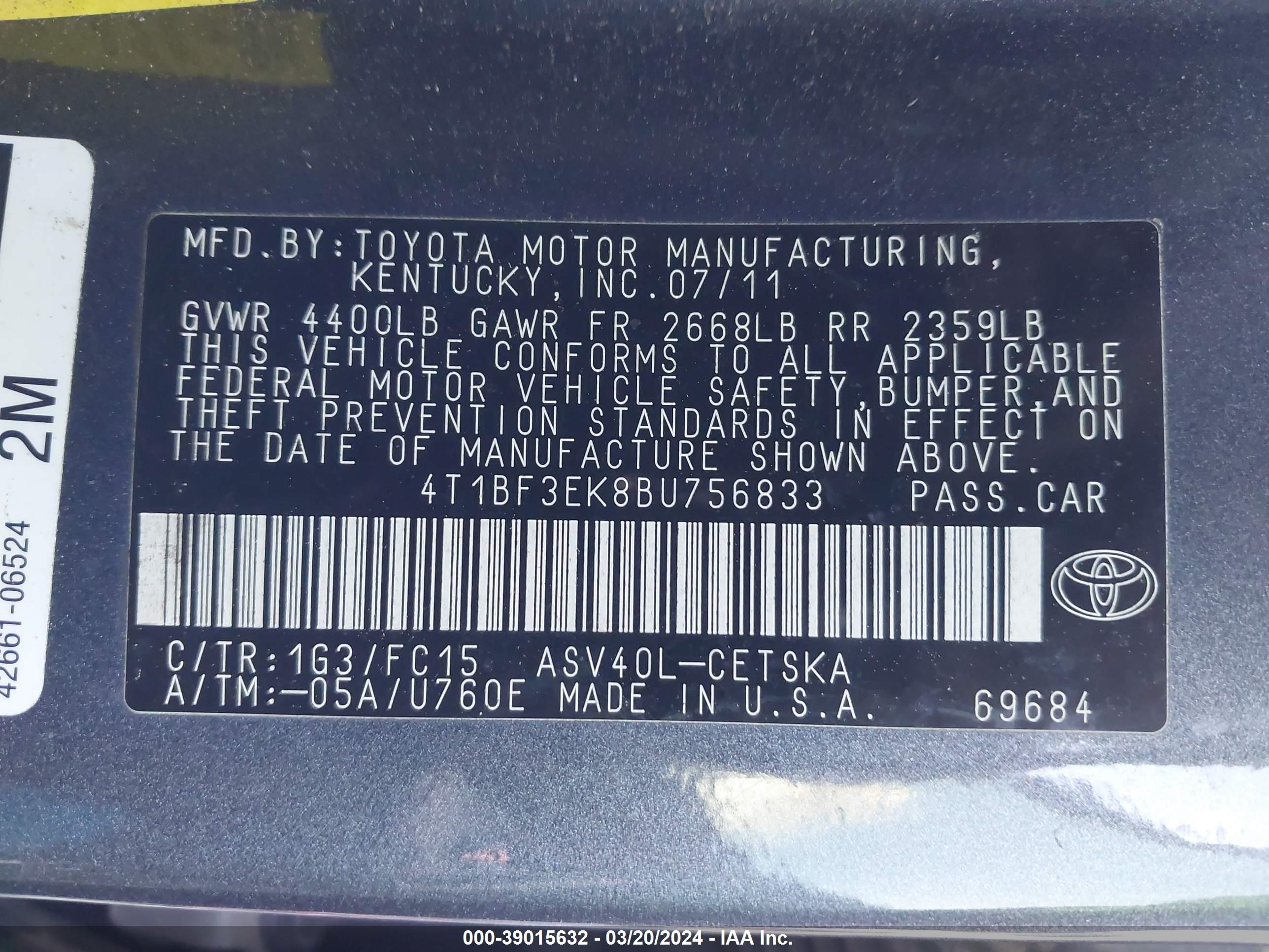 Photo 8 VIN: 4T1BF3EK8BU756833 - TOYOTA CAMRY 